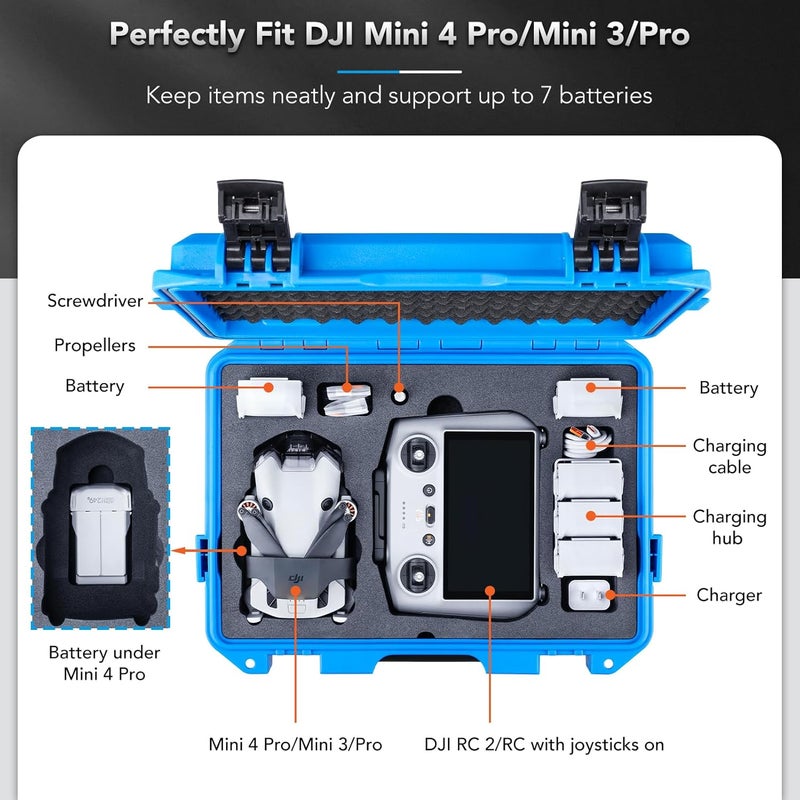 Lykus Titan MM410 Waterproof Hard Case (Blue) for DJI Mini 4 Pro/Mini 3/Pro and DJI RC 2/RC/RC-N2/N1, Support 7 batteries and RC lanyard [CASE ONLY] - Image 2